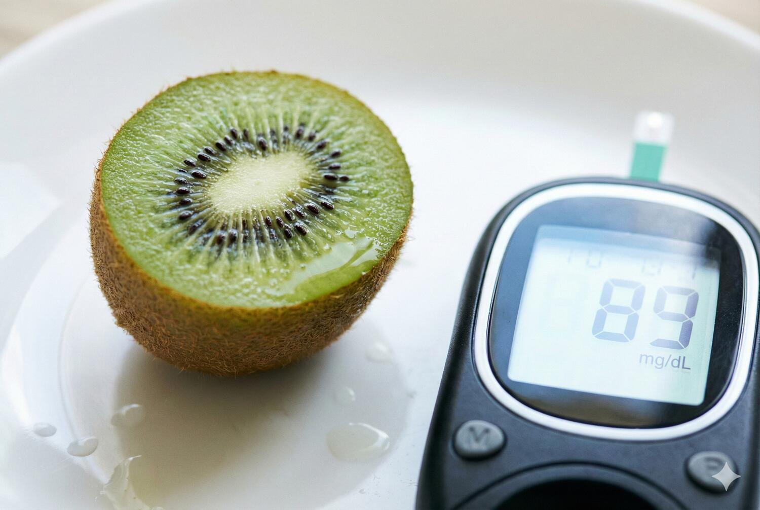 Mezzo kiwi a fianco di un glucometro che segna 89