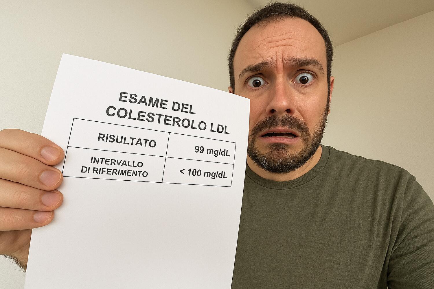 Uomo spaventato con in mano il referto degli esami del sangue