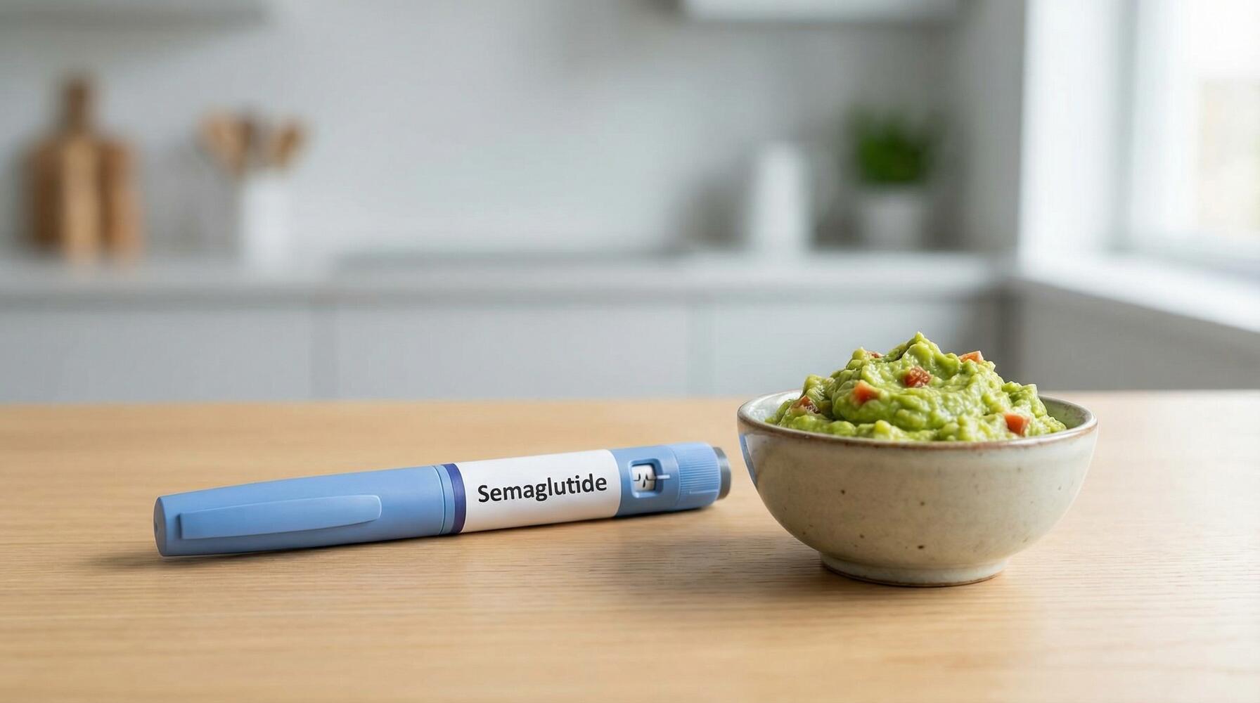 Tavolino con appoggiato una siringa di semaglutide e una ciotolina di guacamole