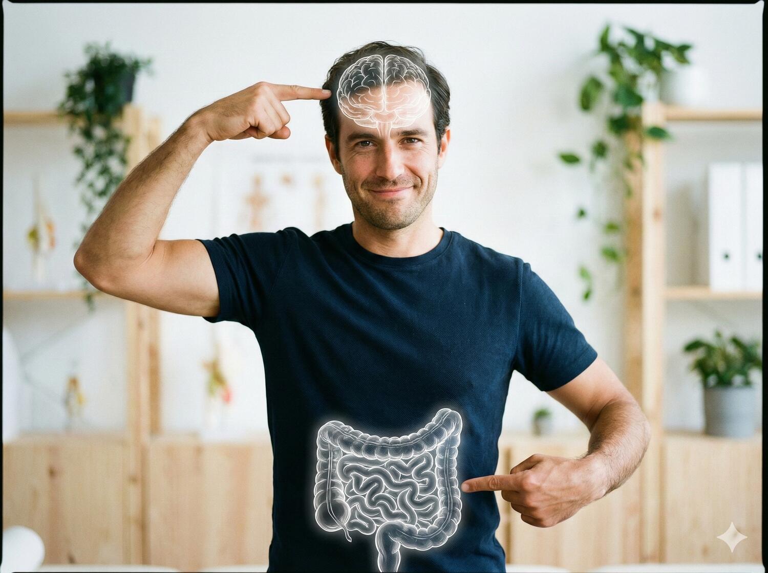 Uomo che con il braccio destro indica il cervello e con quello sinistro l'intestino. Disegnati in sovraimpressione i due organi