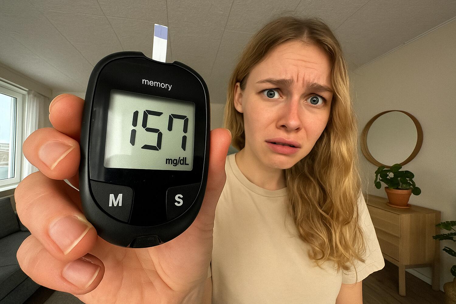 Ragazza che mostra con preoccupazione un glucometro che segna 157.