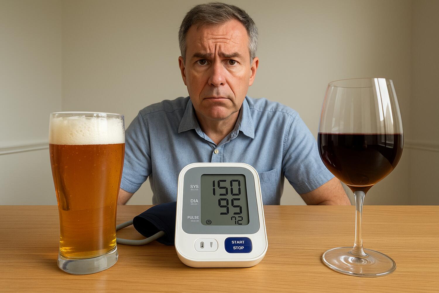 Immagine in cui si vede un tavolo con a sinistra una birra media, in mezzo uno sfigmomanometro che segna 150/95 e a destra un calice di vino rosso. Alle spalle un uomo di 50 anni con sguardo dubbioso rivolto alla camera.