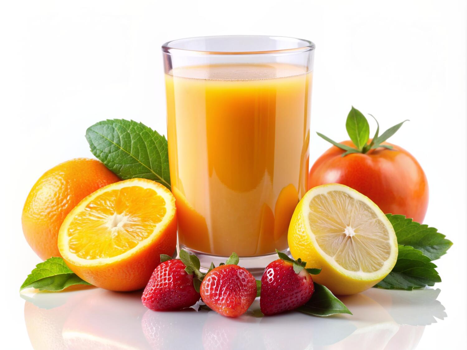 Succo d'arancia e varia frutta attorno