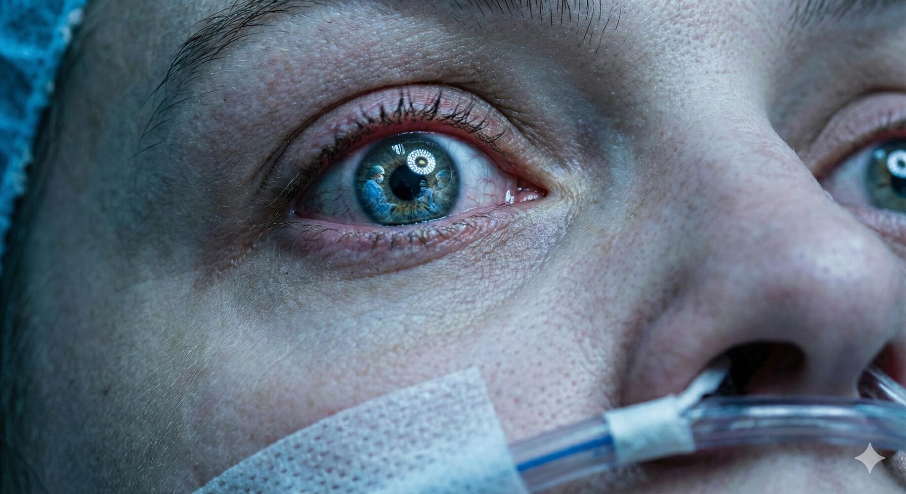 Anestesia cosciente, primo piano sull'occhio aperto del paziente