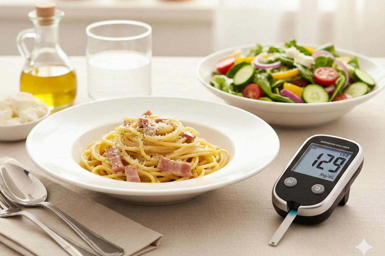 Tavola apparecchiata per il pranzo e glucometro che segna 129