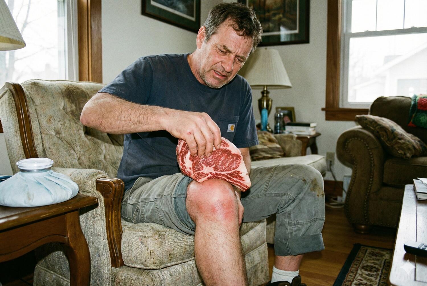 Uomo appoggia una bistecca sul ginocchio