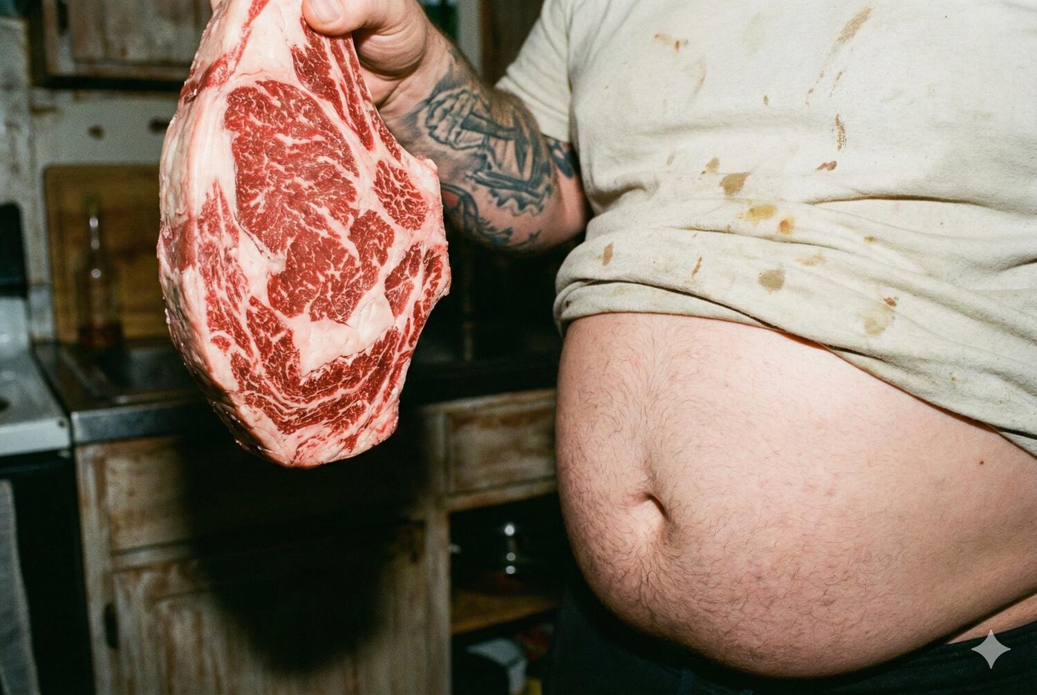 Carne rossa tenuta in mano da un soggetto in sovrappeso