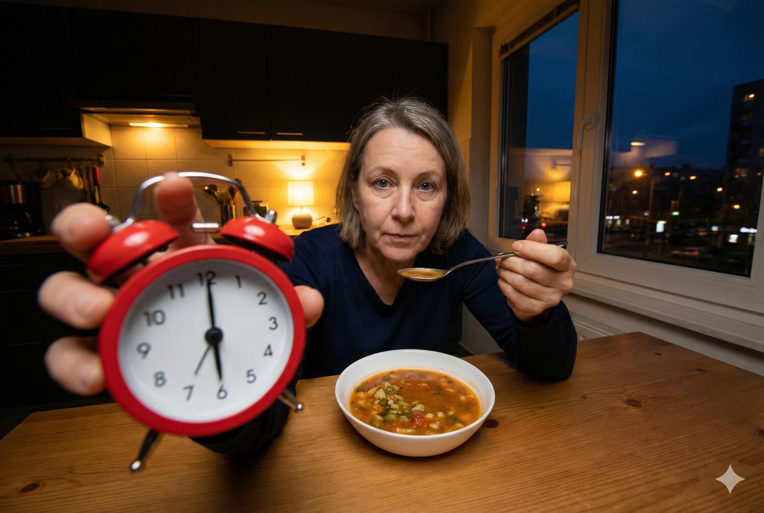 Donna che cena alle 18:00