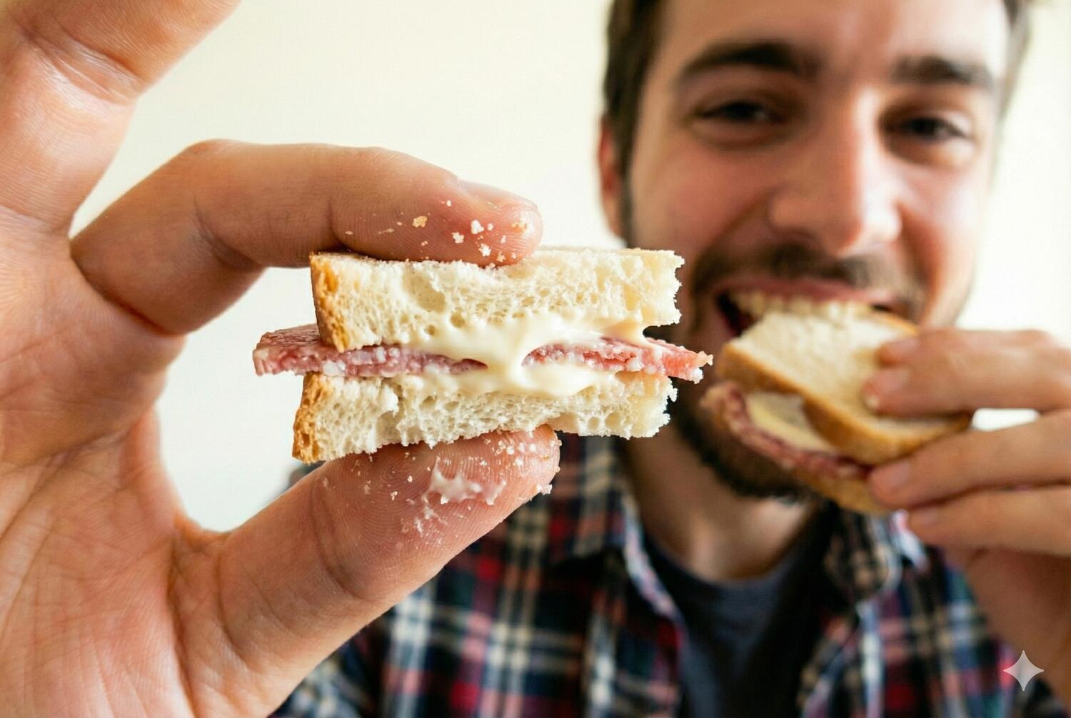 Ragazzo che mangia un panino al salame