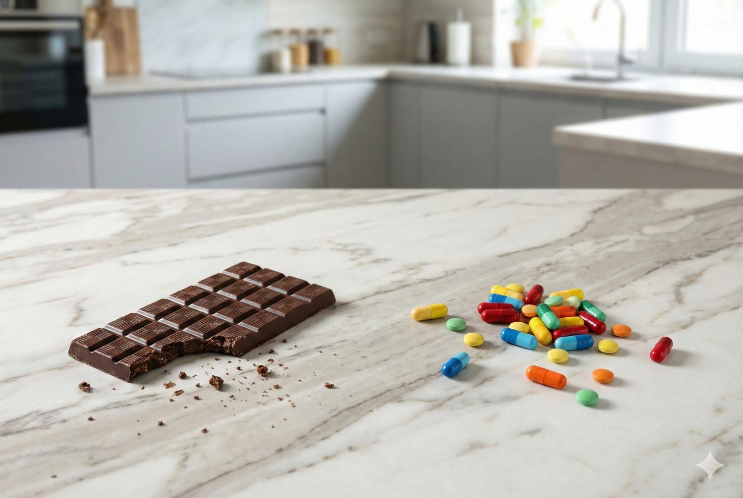 Tavolo con delle compresse colorate a destra e una tavoletta di cioccolato fondente a sinistra