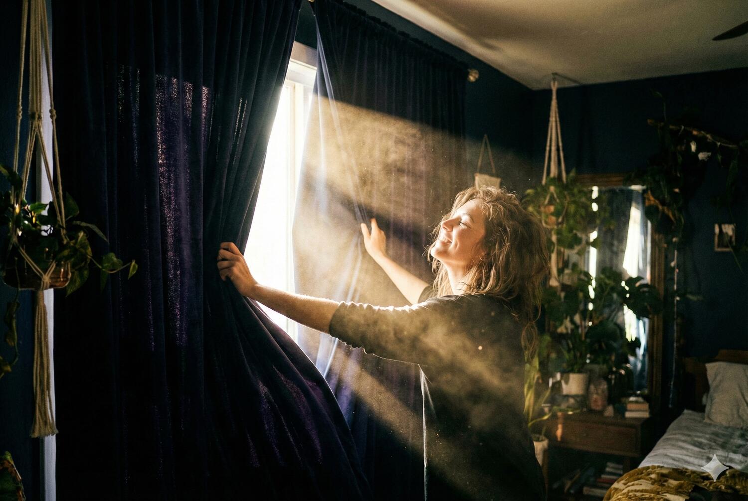 Donna spalanca tende pesanti