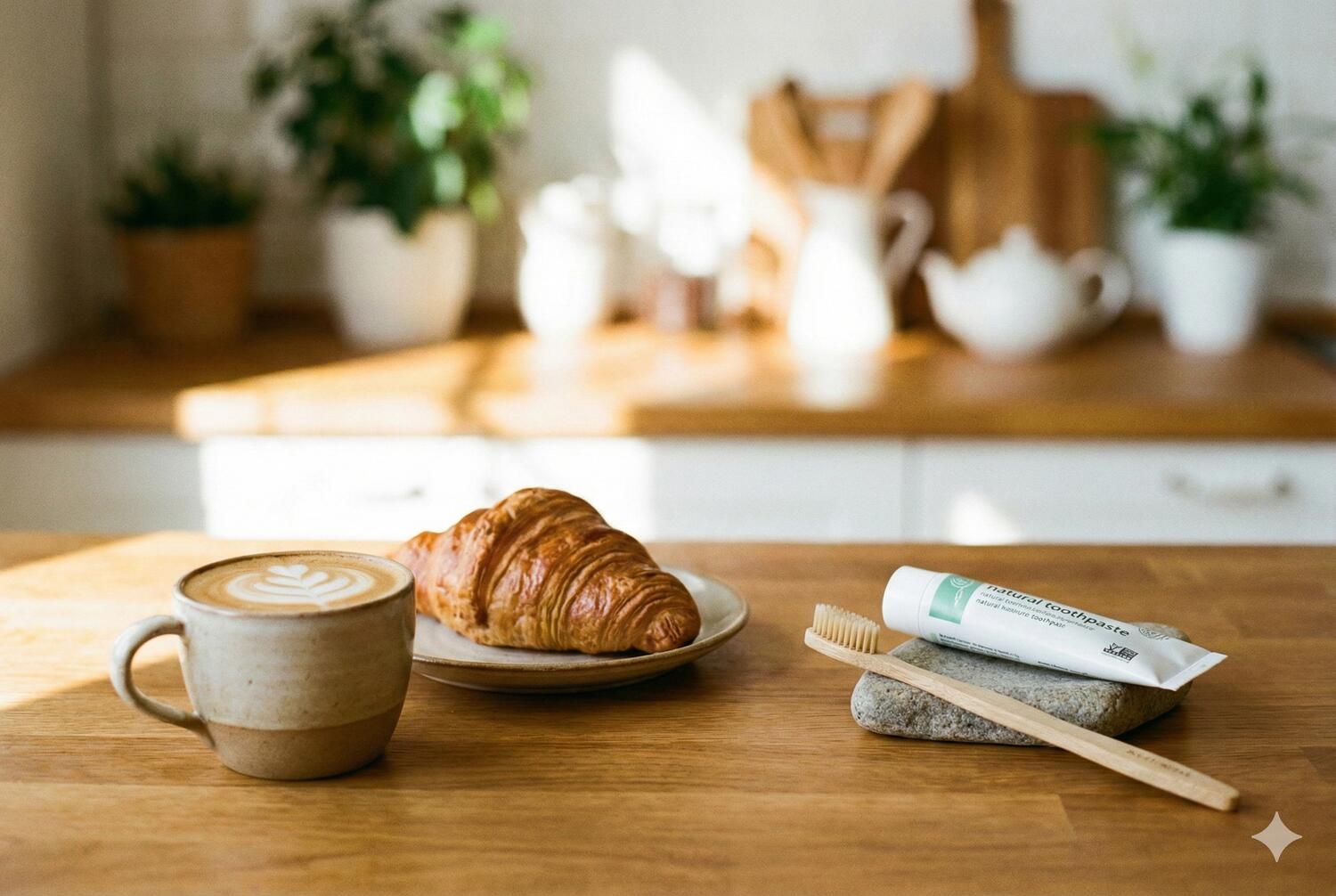 Colazione e spazzolino-dentifricio sul tavolo