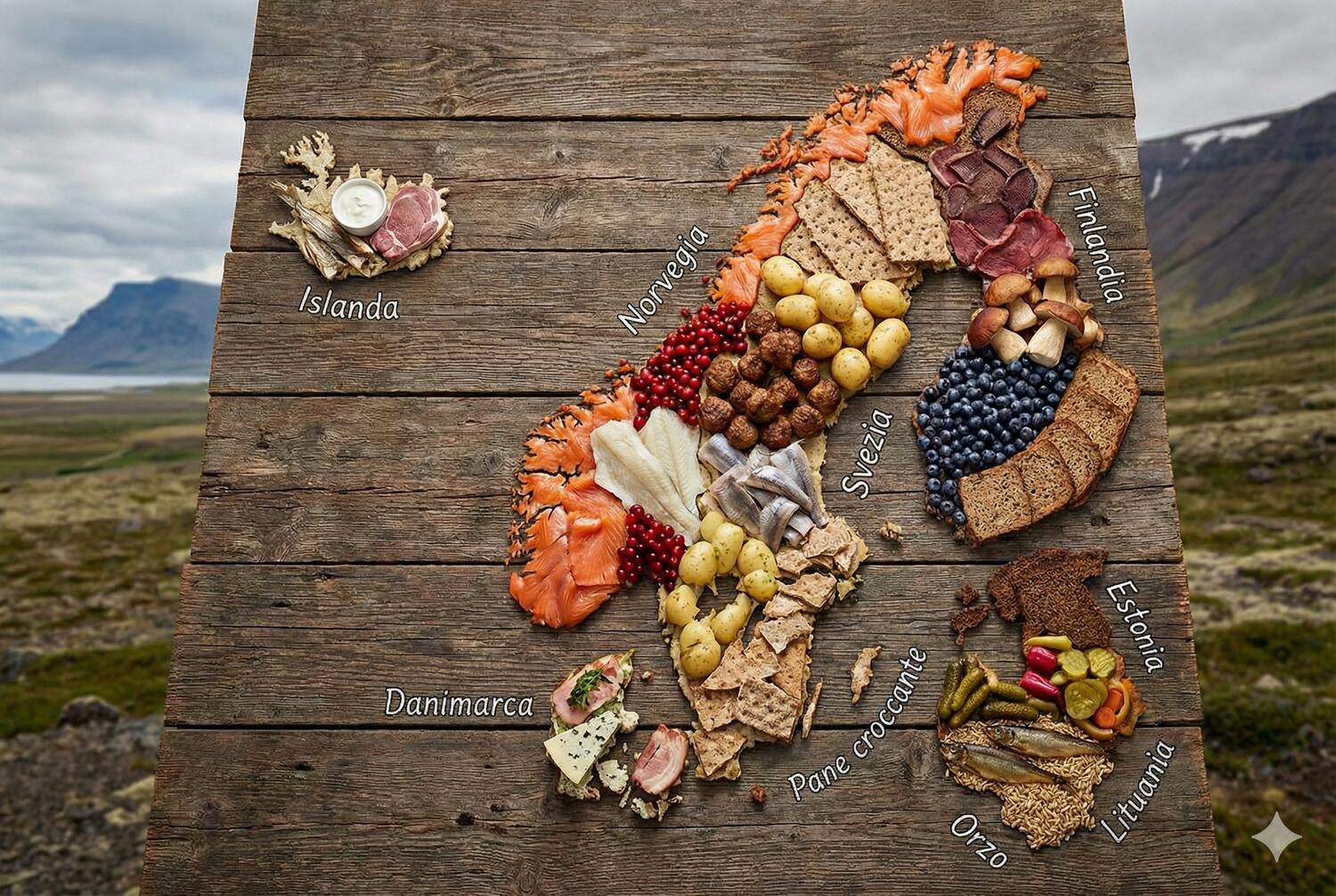 Cartina geografica dei Paesi del nord Europa, ma che per colorare ogni Paese usa alimenti tipici della dieta nordica.