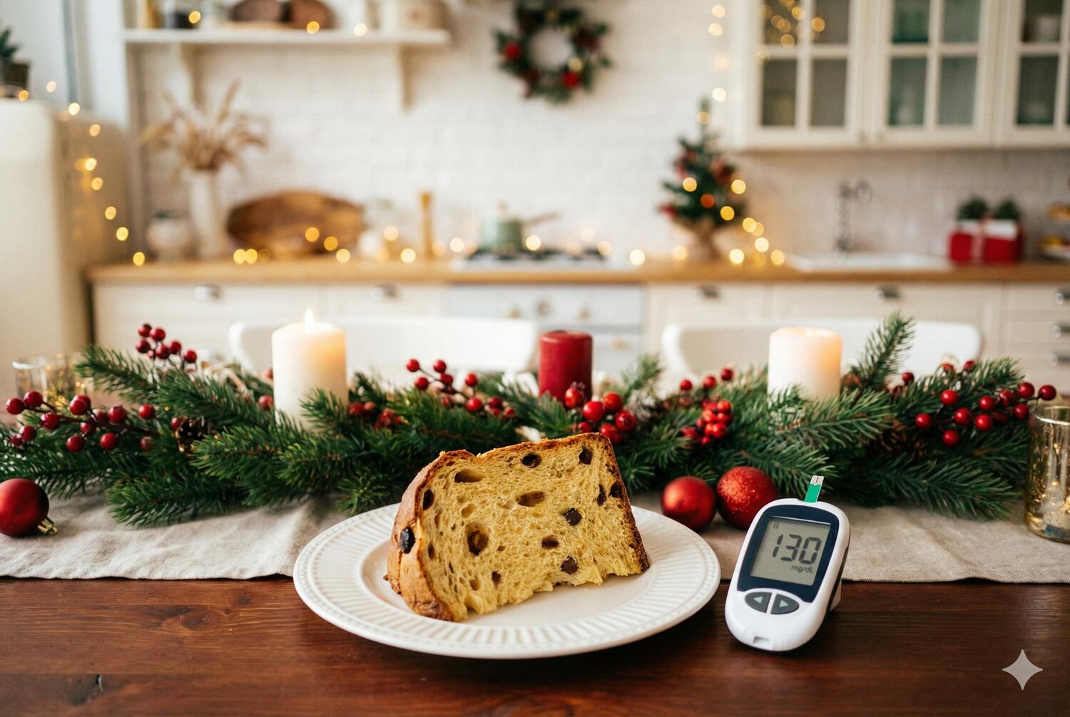 Ffetta di panettone su un piatto bianco, appoggiato in una tavola arredata con stile natalizio. Accanto al piatto un glucometro che segna 130 mg/dL.