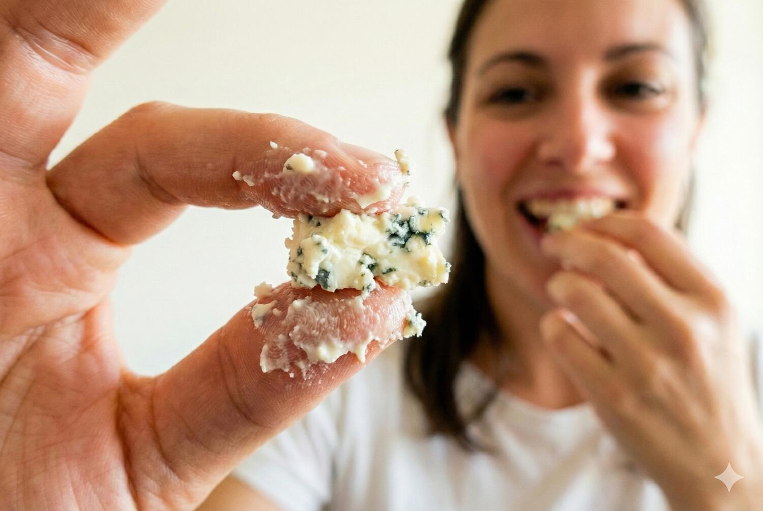 Ragazza che mangia del gorgonzola con le mani