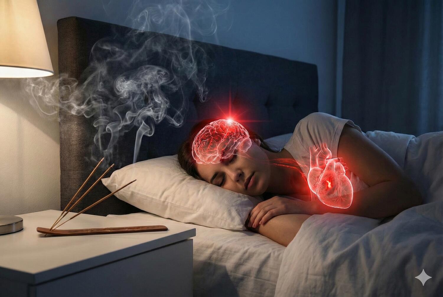 Ragazza che dorme e di fianco a lei brucia dell'incenso
