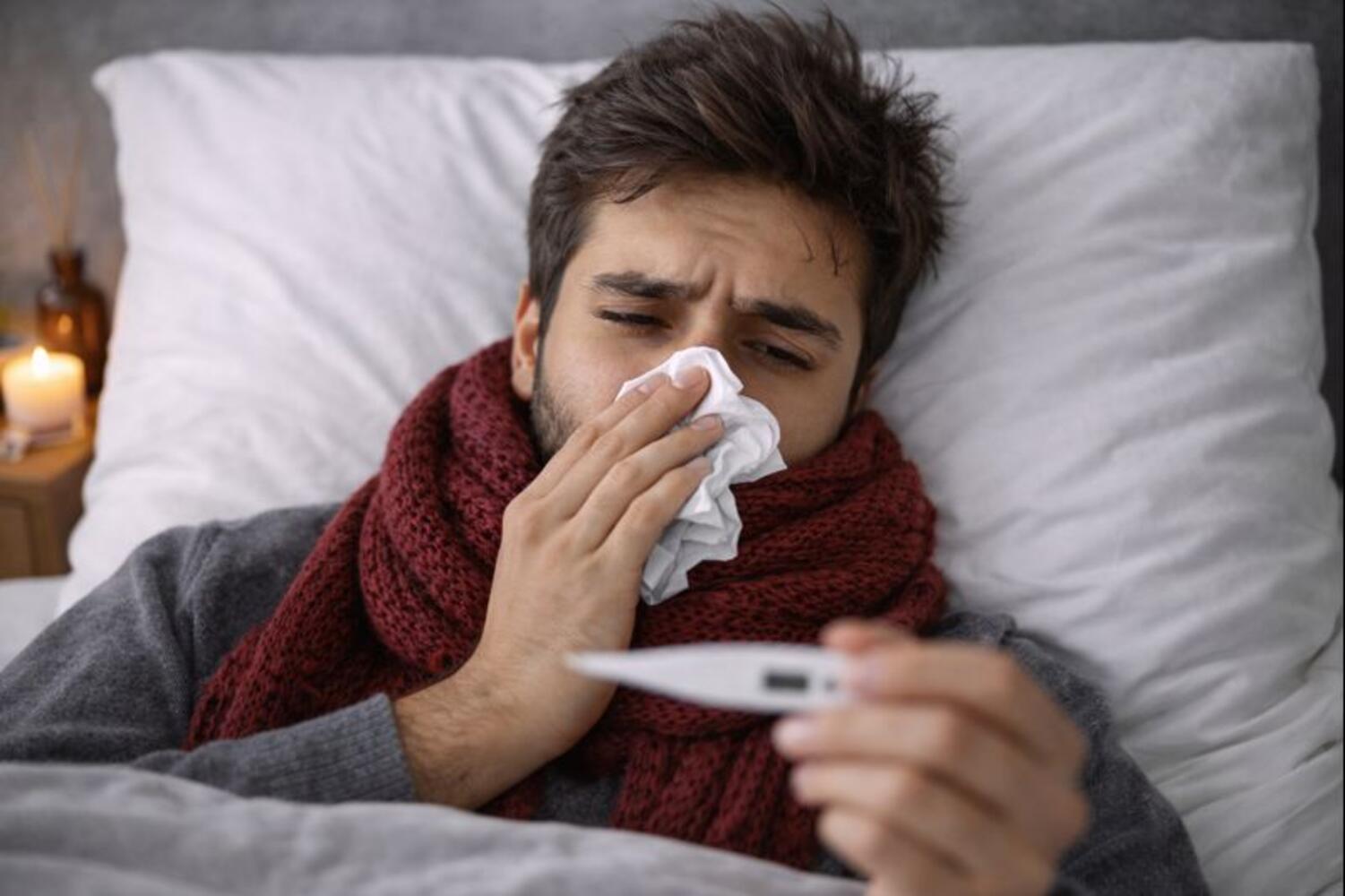 Uomo a letto con l'influenza mentre guarda il termometro