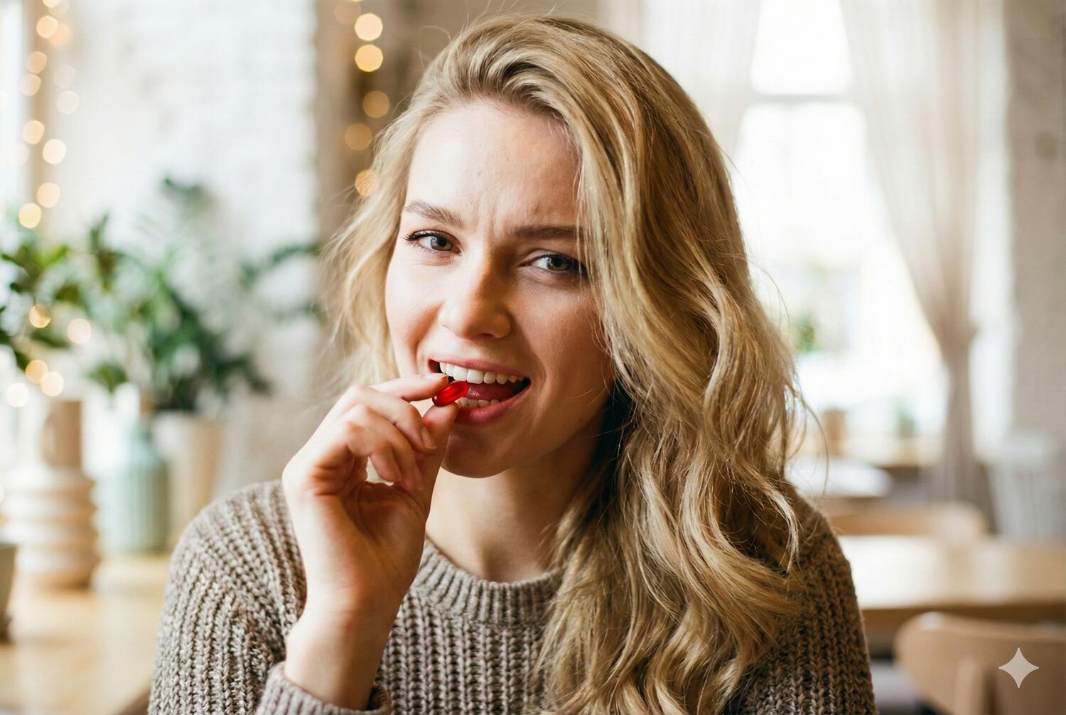Ragazza che sta per assumere una capsula di omega-3