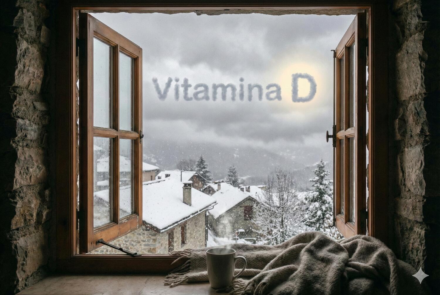 Finestra aperta su una tipica giornata invernale con la neve. Ben visibile nel cielo grigio , di fianco a un sole molto pallido, si legge chiaramente "Vitamina D".