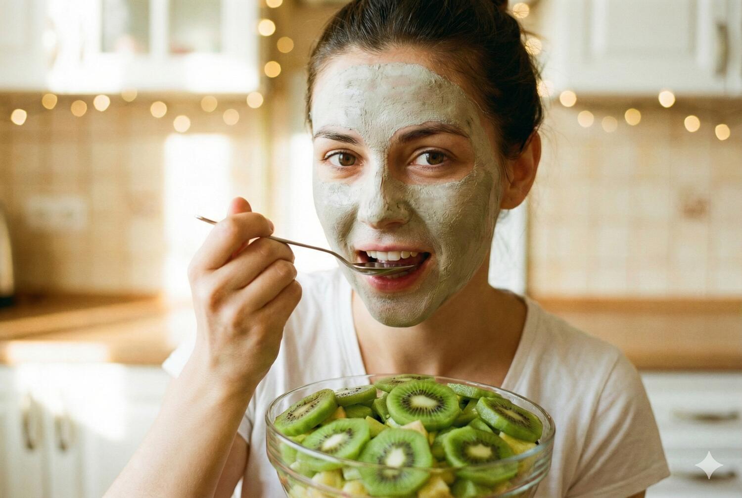 Ragazza con una maschera viso che mangia una macedonia