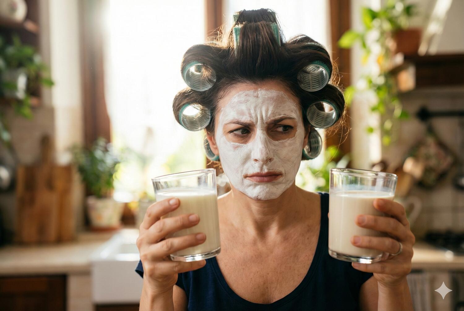 Massaia con bigodini e maschera in viso guarda con sospetto due bicchieri di latte