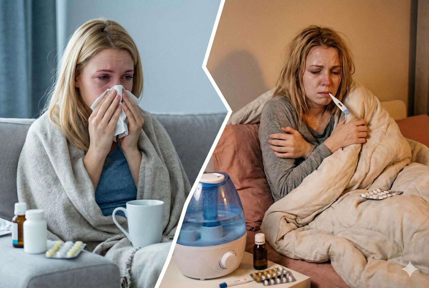 Immagine che mostra la stessa ragazza colpita da raffreddore o influenza