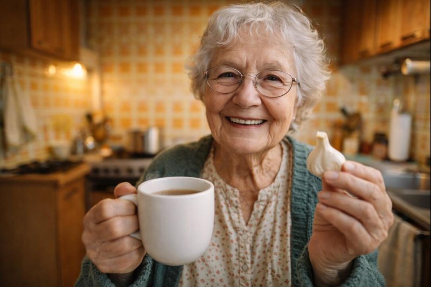 Nonna con una tazza di brodo e dell'aglio in mano