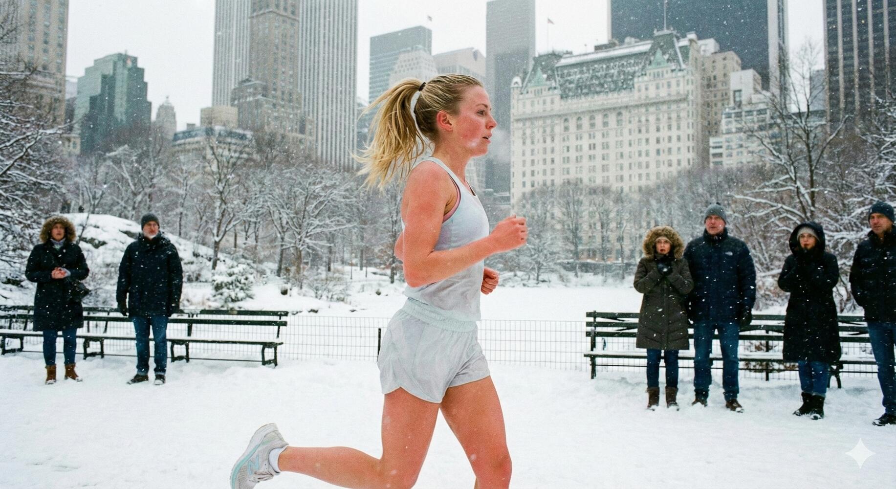 Ragazza che corre al parco sotto la neve