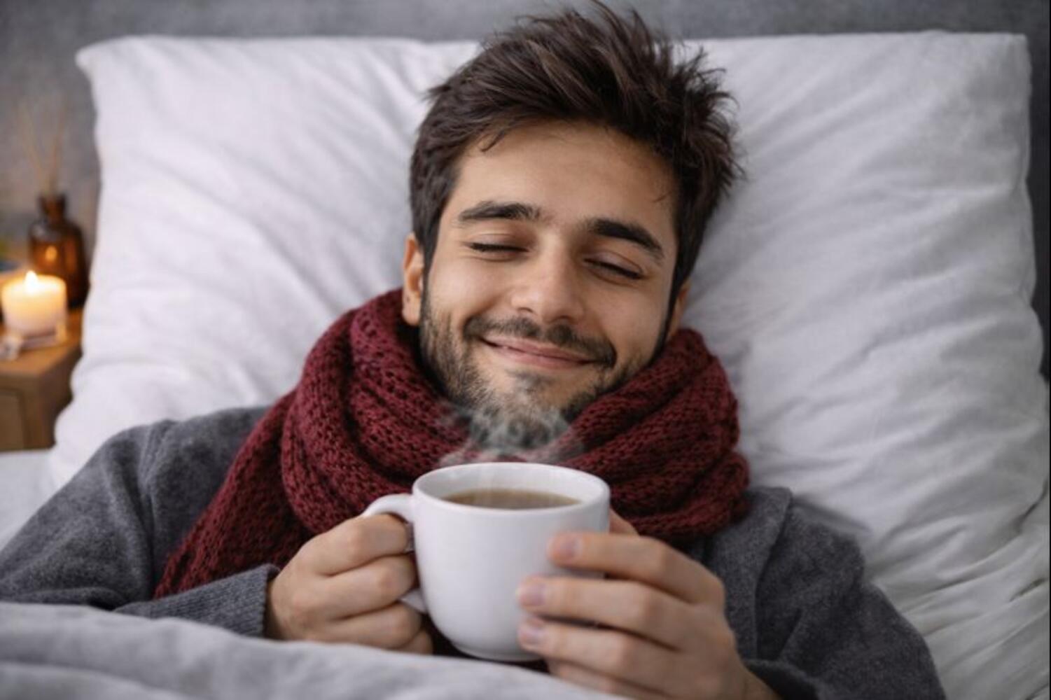 Uomo a letto per influenza con tazza di tisana in mano