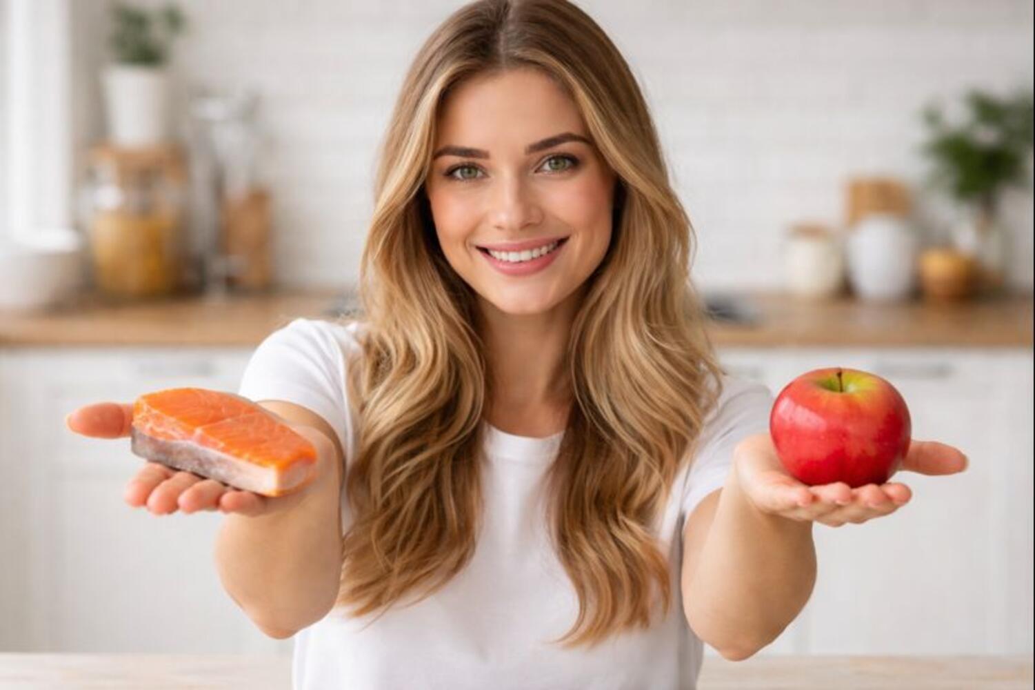 Ragazza che mostra alla camera la scelta tra una fetta di salmone e una mela