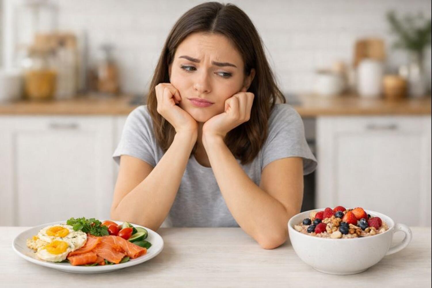 Ragazza guarda con sguardo dubbioso due opzioni di colazione sul tavolo