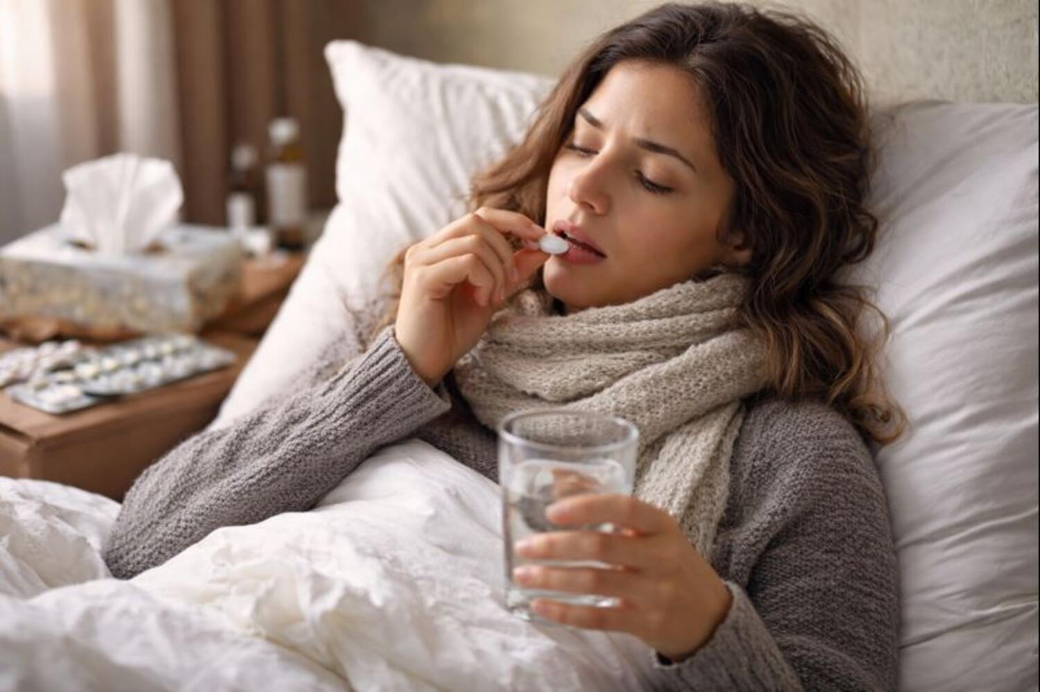 Ragazza influenzata che prende un farmaco contro l'influenza