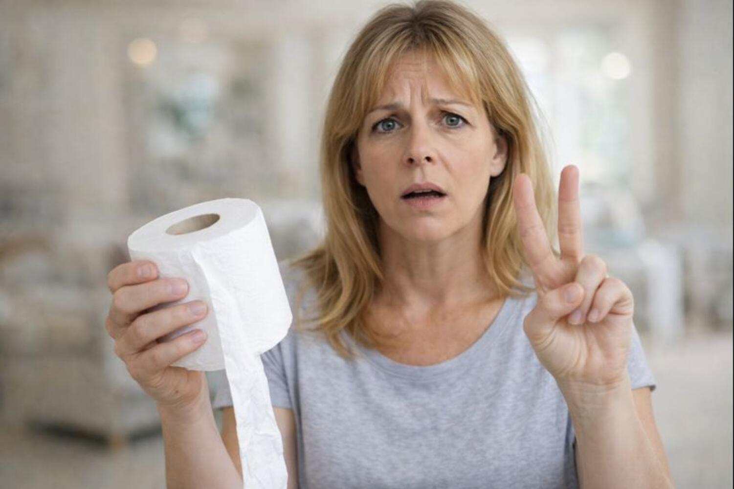 Donna con un rotolo di carta igienica in mano che indica 2 con l'altra