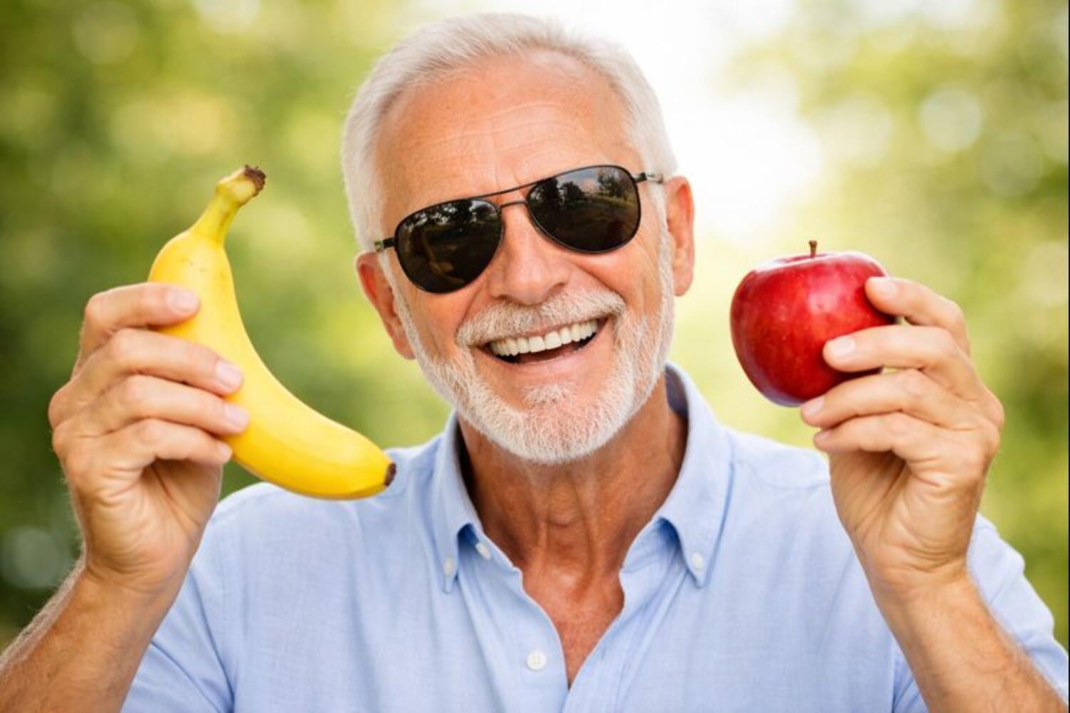 Uomo che fa vedere una mela e una banana
