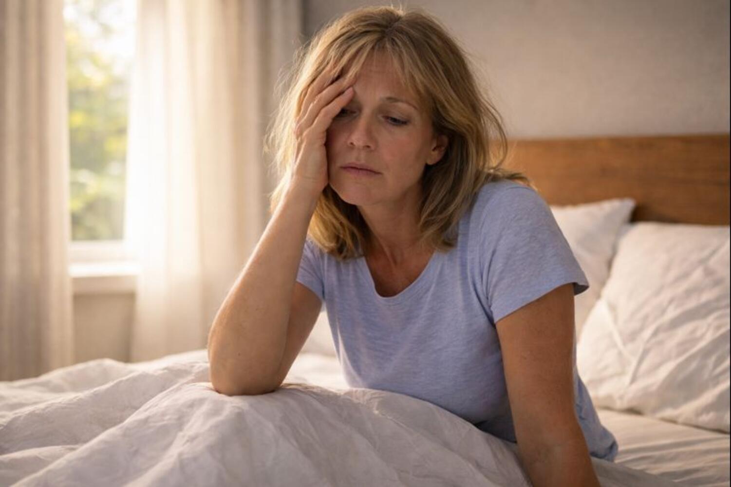 Donna colpita da inerzia del sonno al risveglio del mattino