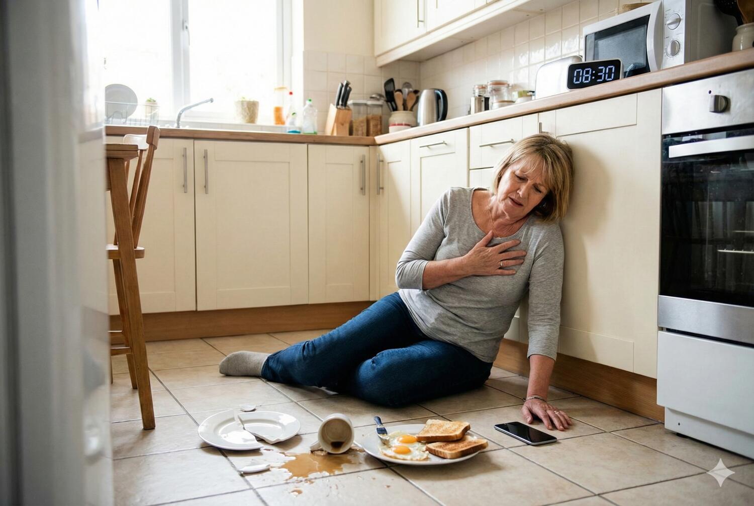 Donna che sta avendo un infarto in cucina