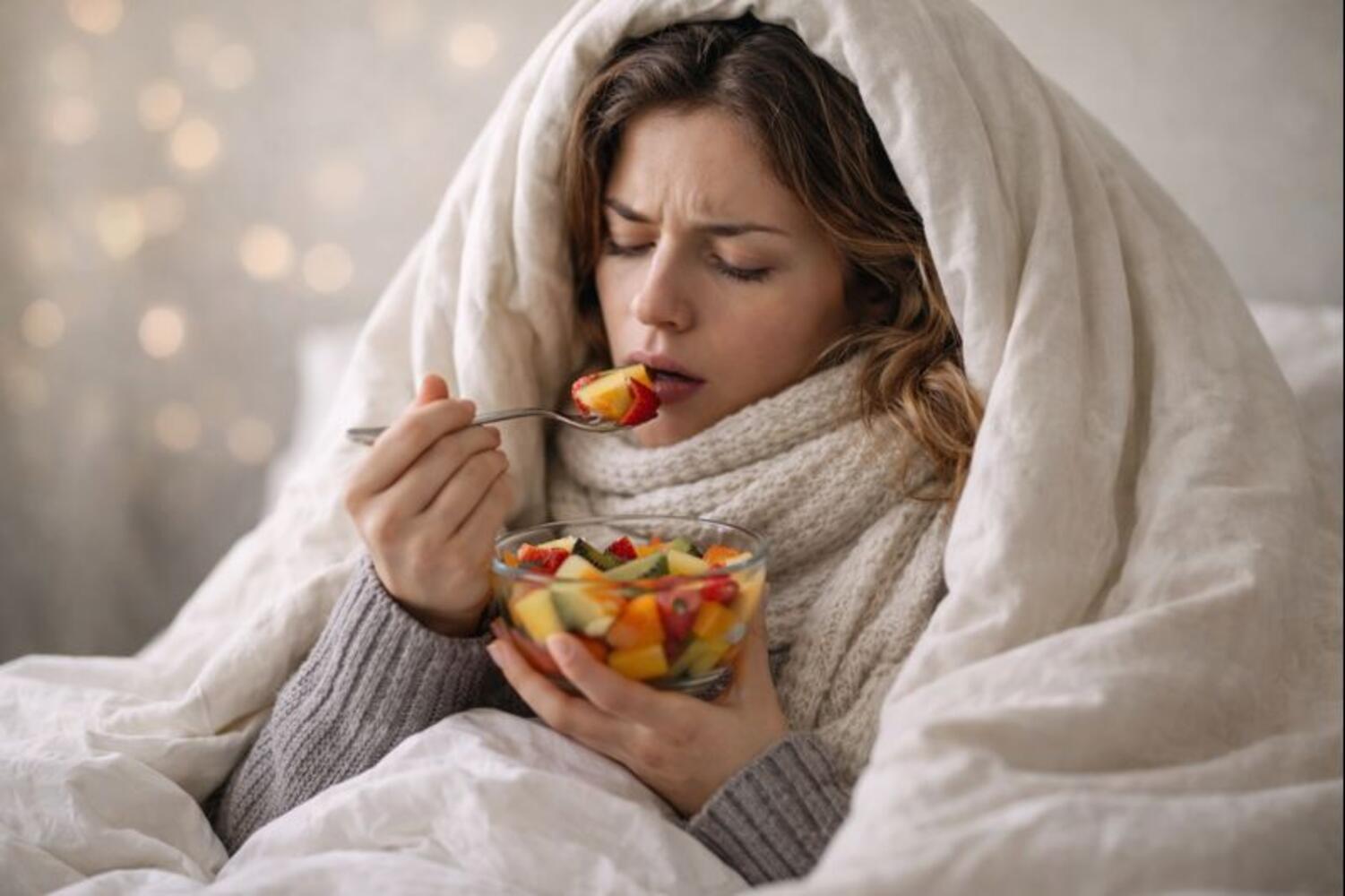 Ragazza influenzata mentre mangia una macedonia