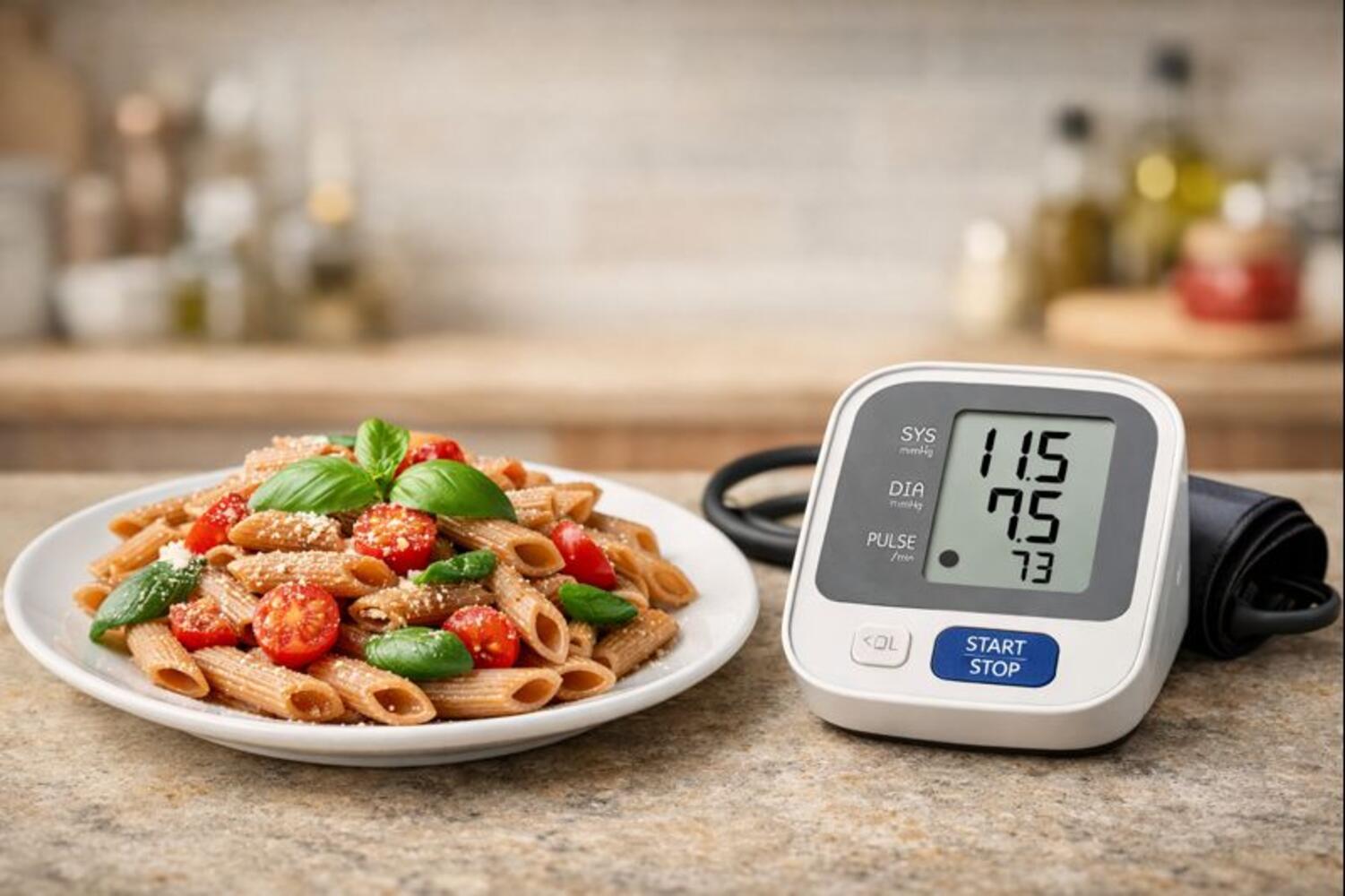 Piatto di pasta integrale con pomodorini e di fianco uno sfigmomanometro che segna 115/75 - 73