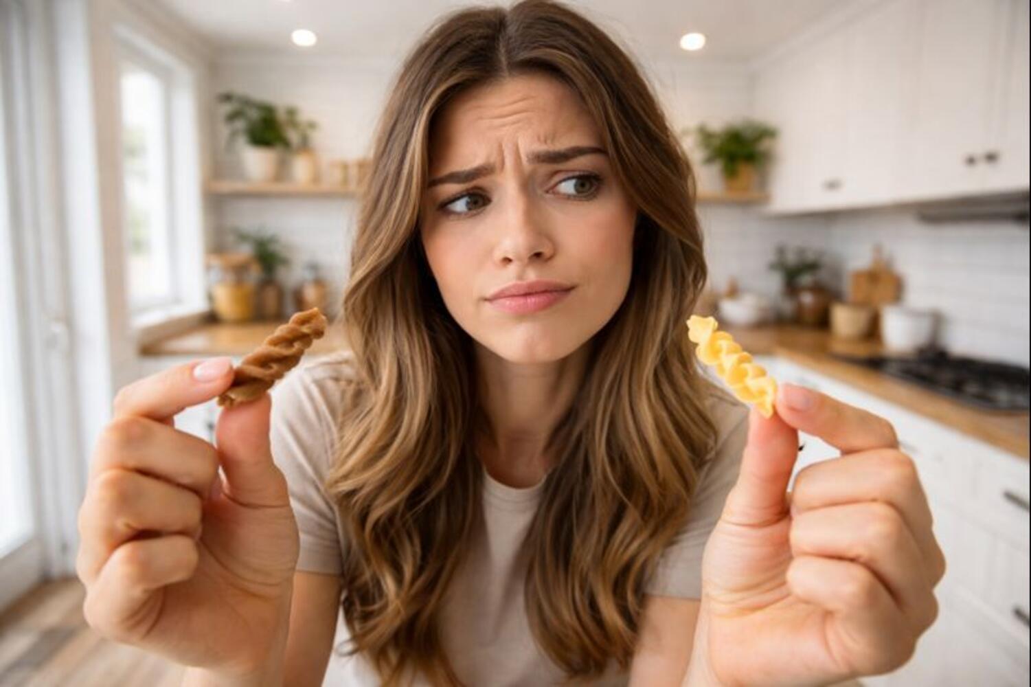 Ragazza che guarda un fusillo integrale e uno di pasta raffinata