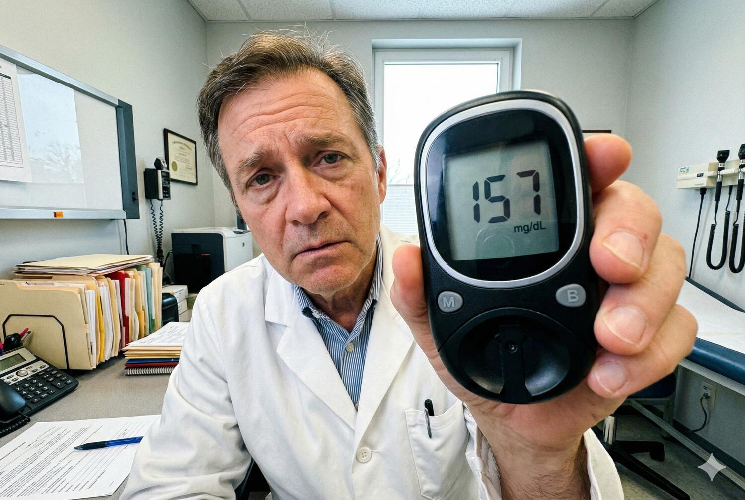 Un medico dallo sguardo preoccupato mostra in primissimo piano un glucometro che mostra il valore 157 mg/dL.