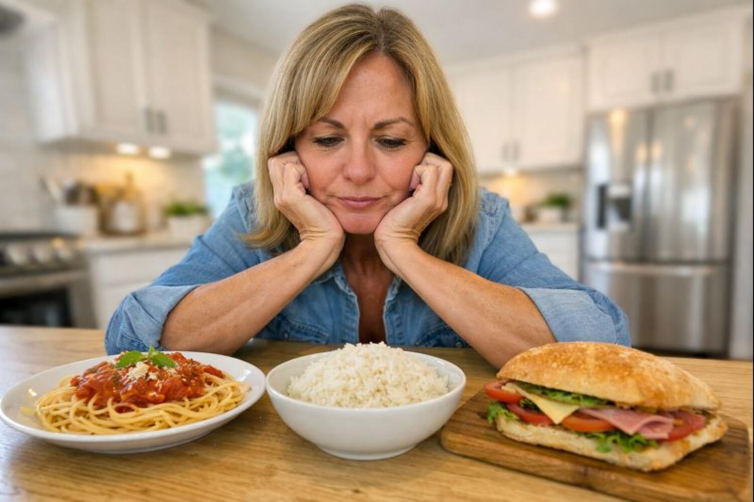 Donna in dubbio di fronte a pane, pasta e riso