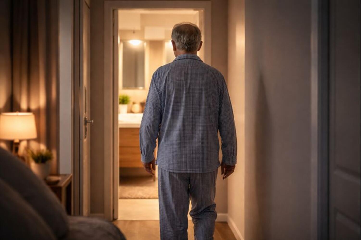 Uomo di 70 anni che si avvia di notte verso il bagno