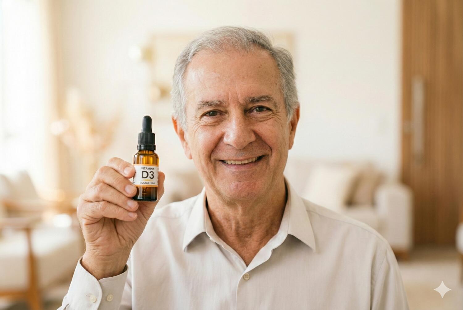 Uomo mostra un integratore di vitamina D in gocce