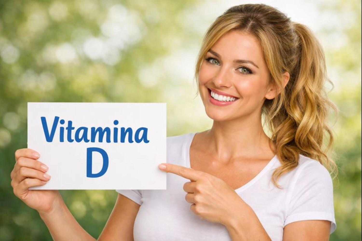 Ragazza tiene in mano un cartello con la scritta "Vitamina D"