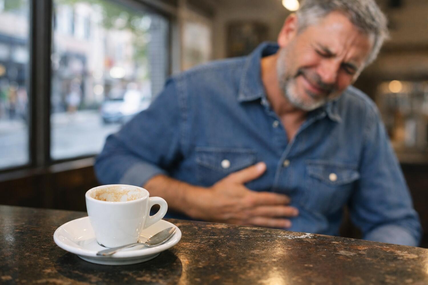 Soggetto che si tocca lo stomaco dopo aver bevuto un caff&egrave;