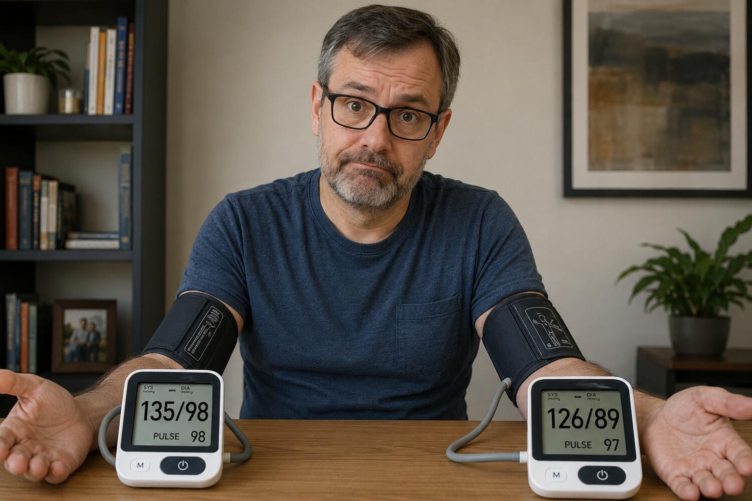 Uomo che misura la pressione in due braccia contemporaneamente