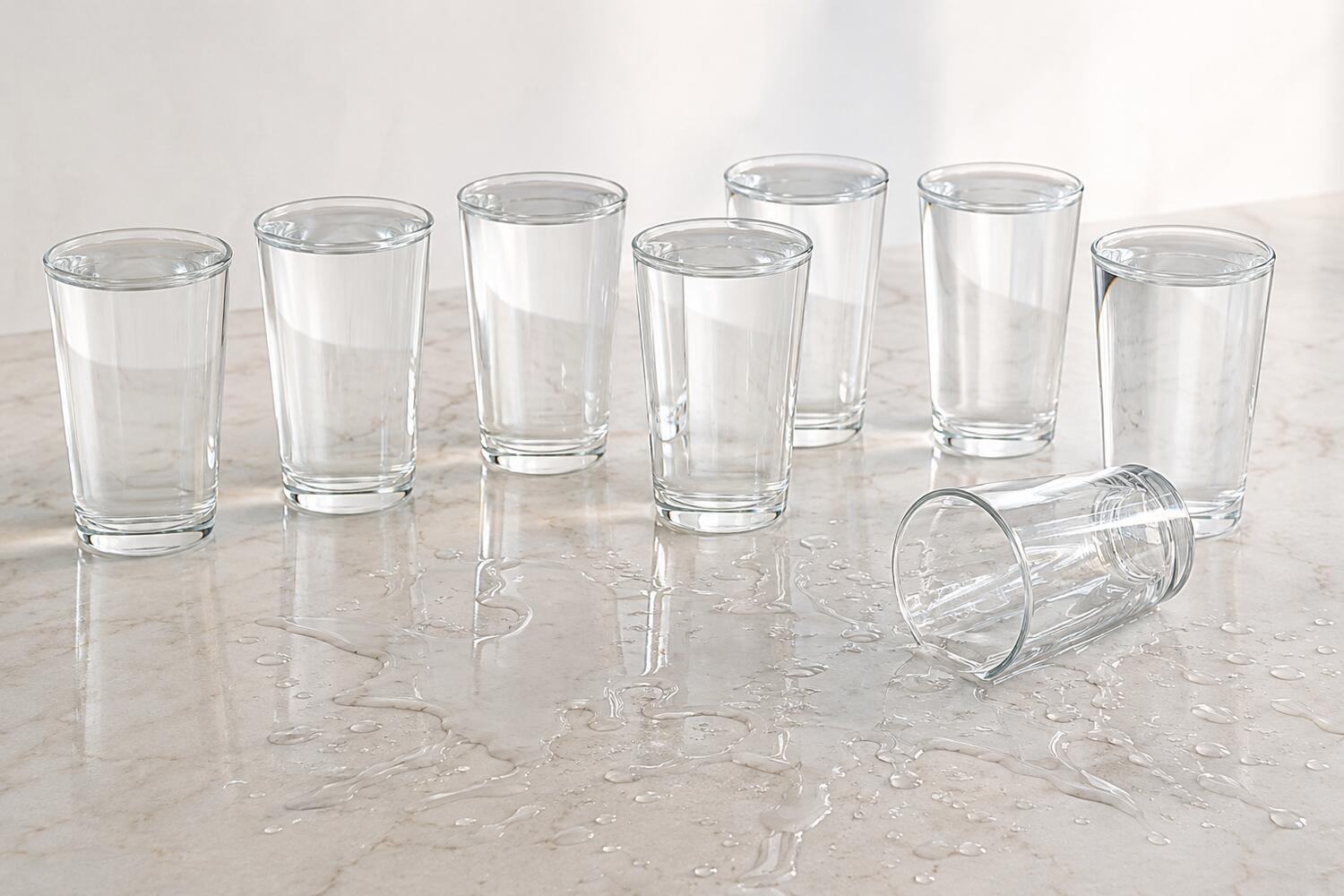 8 bicchieri di acqua di cui uno rovesciato